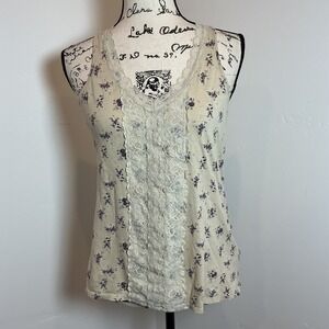 Decree‎ Floral Lace Trim Tank Top Ivory Purple Cottagecore Y2K Size M